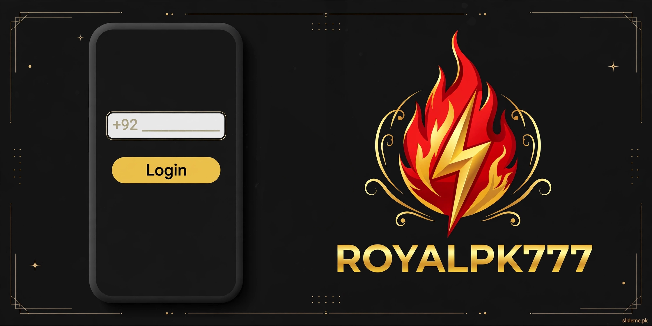 RoyalPK777 login help banner — phone showing the sign-in screen with gold ROYALPK777 branding and flame accents on black