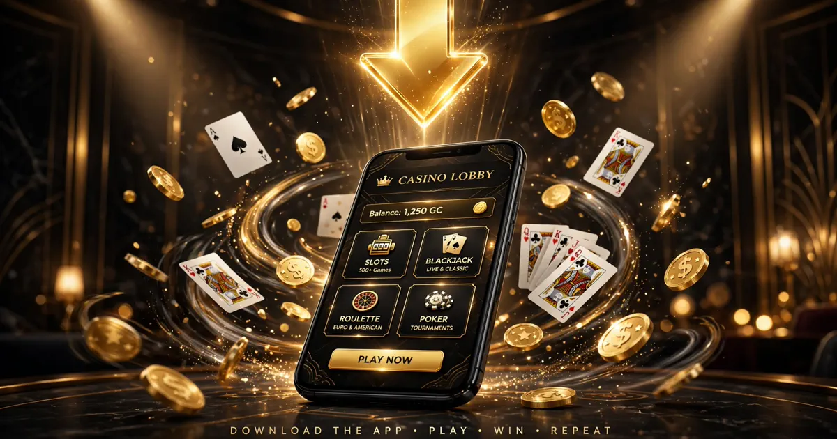 Royal X Casino APK download banner — smartphone showing the casino game lobby with a gold download arrow, coins and playing cards