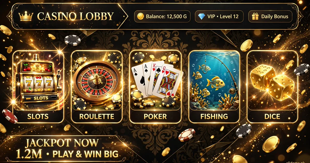 Royal X Casino games lobby banner showing slots, roulette, poker, fishing and dice game tiles with gold coins on a black background