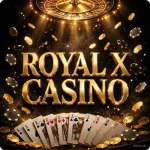Royal X Casino game APK download — gold Royal X Casino 3D logo artwork with a roulette wheel, gold coins and playing cards on a black luxury casino background