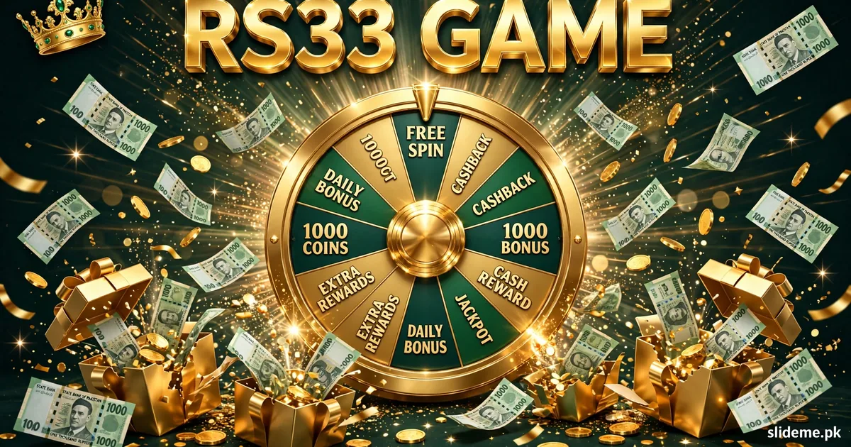 RS33 Game bonus banner — golden lucky spin wheel with cashback, jackpot and daily bonus prizes plus PKR notes, slideme.pk