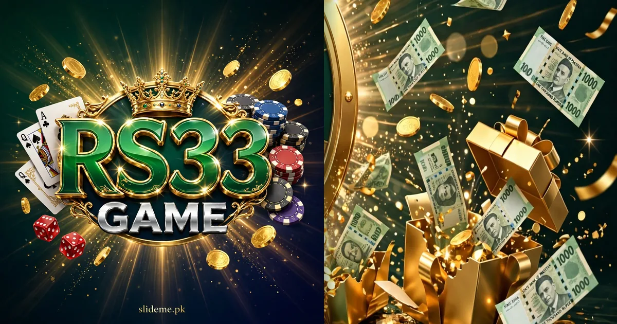 RS33 Game app banner — green RS33 GAME logo emblem with gift boxes, PKR banknotes and gold coins on dark green, slideme.pk