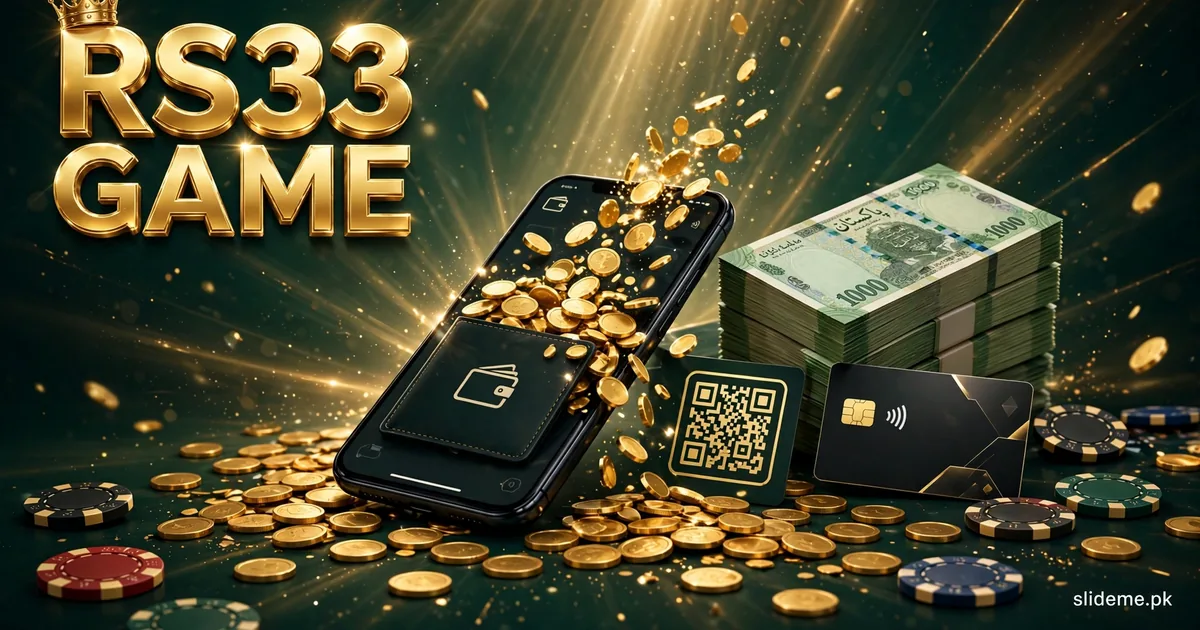 RS33 Game payments banner — smartphone wallet with gold coins, PKR 1000 banknotes, QR code and bank card, slideme.pk