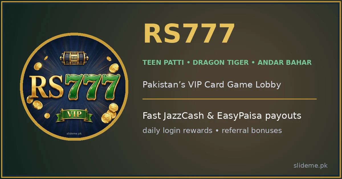 RS777 Game card lobby banner showing Teen Patti, Dragon Tiger and Andar Bahar games in gold and green branding