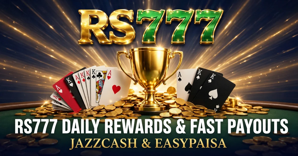 RS777 Game bonuses and fast payouts banner with trophy, playing cards and gold coins