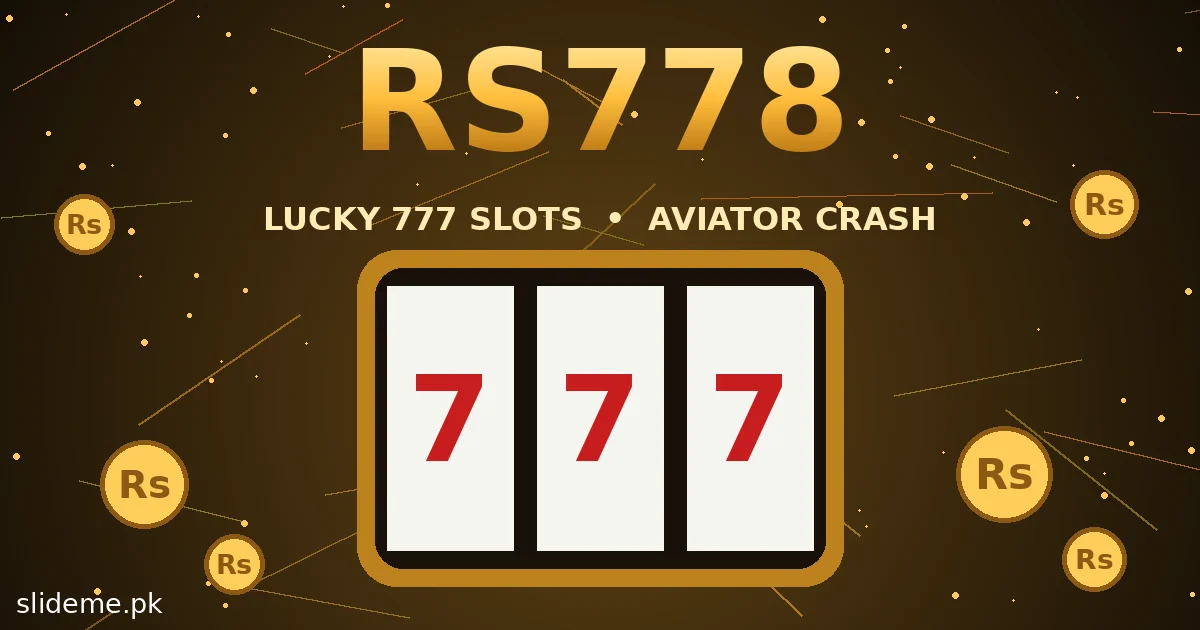 RS778 lucky 777 slots machine with three red sevens and gold rupee coins on black and gold background