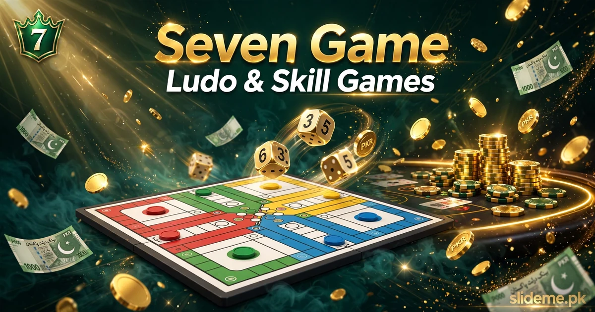 Seven Game Ludo and skill games banner with dice board and PKR cash rewards