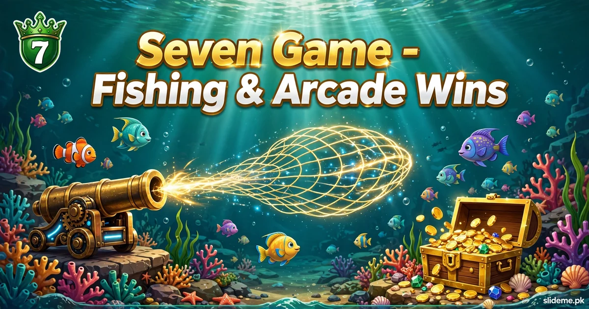 Seven Game fishing arcade banner with underwater cannon and treasure chest