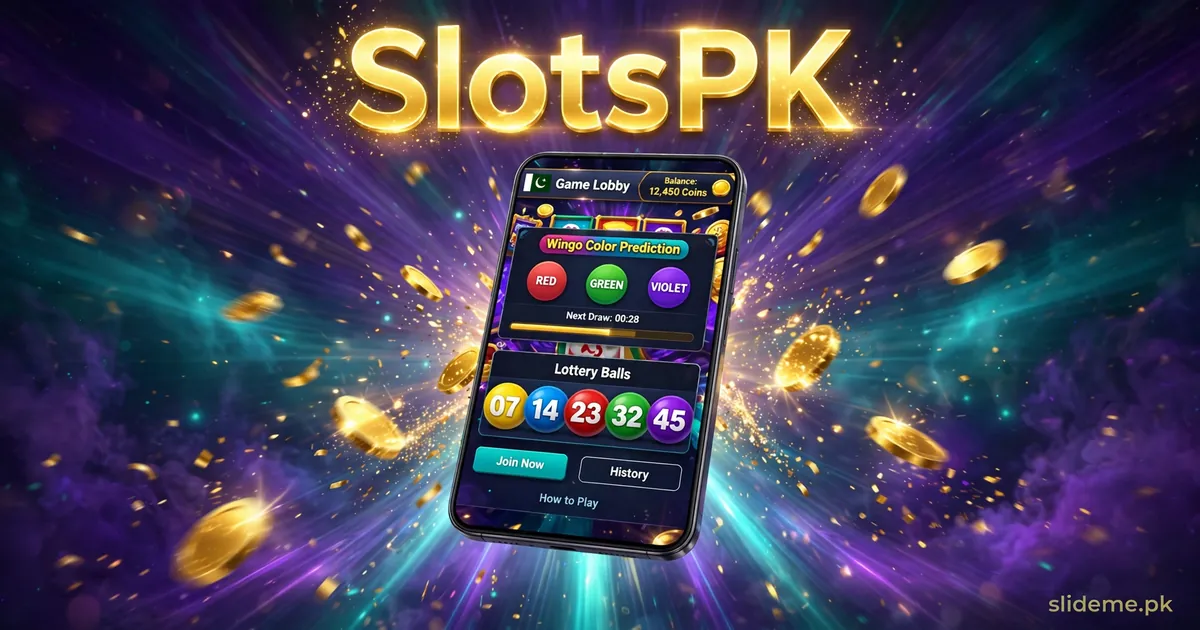 SlotsPK game lobby on a phone showing Wingo color prediction and lottery balls, login guide by slideme.pk