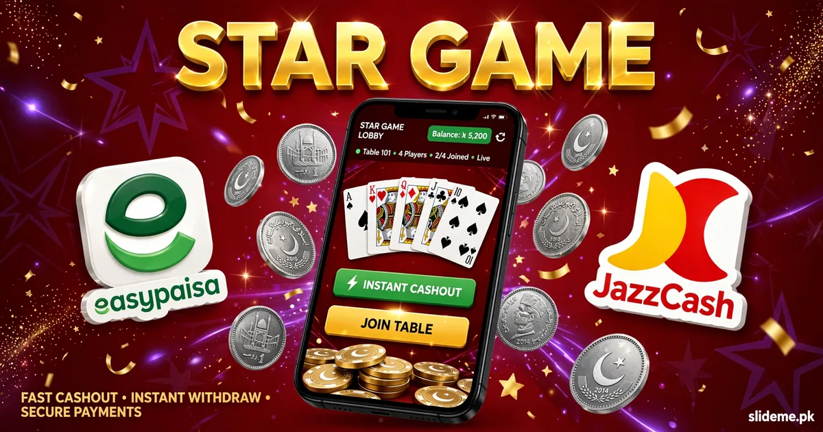 Star Game mobile payments banner with JazzCash and EasyPaisa cashout theme