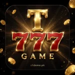 T777 Game logo — golden T and crimson red 777 gaming emblem on black