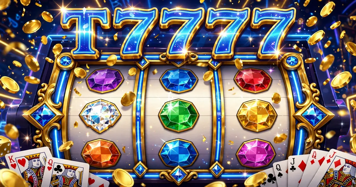 T7777 Game slots banner with Fortune Gems style gems, raining gold coins and blue neon background