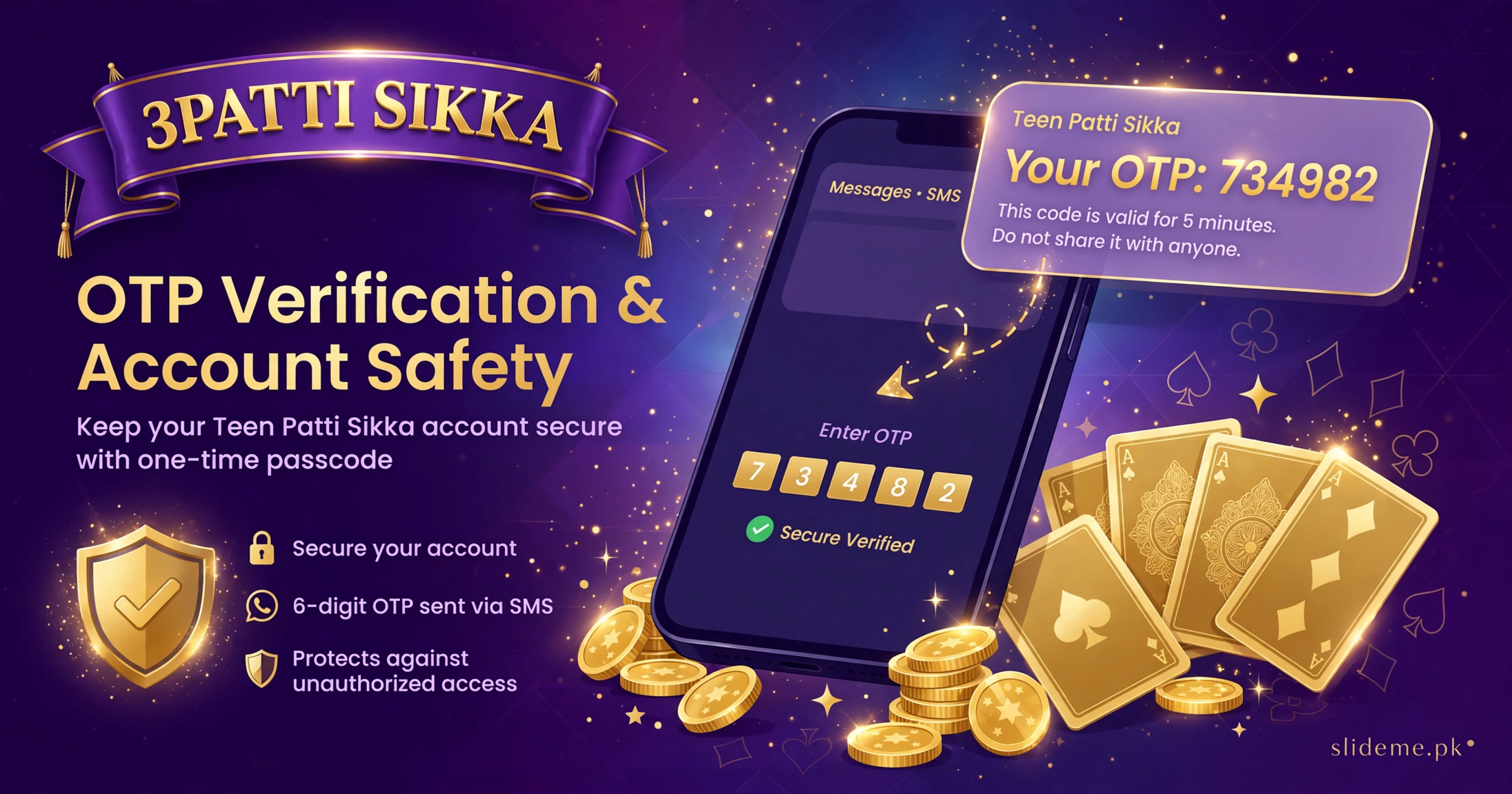 Teen Patti Sikka game login OTP verification — SMS code entering the app with gold cards and coins