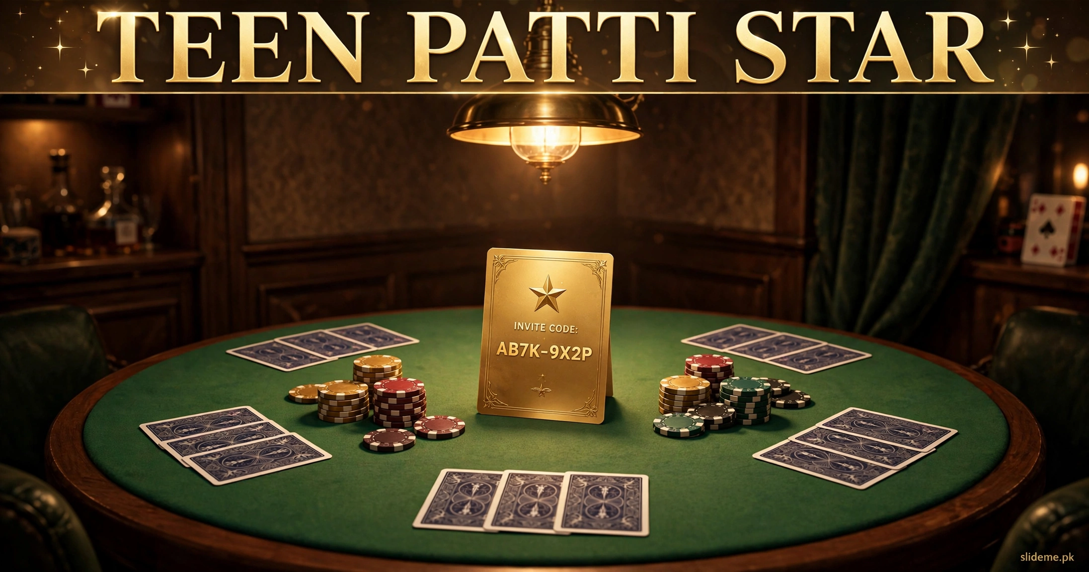 Teen Patti Star Game private card table with a golden invite code card in the center