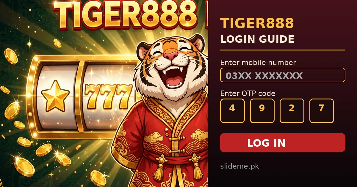 Tiger888 login guide banner showing mobile login screen with OTP code boxes and slideme.pk