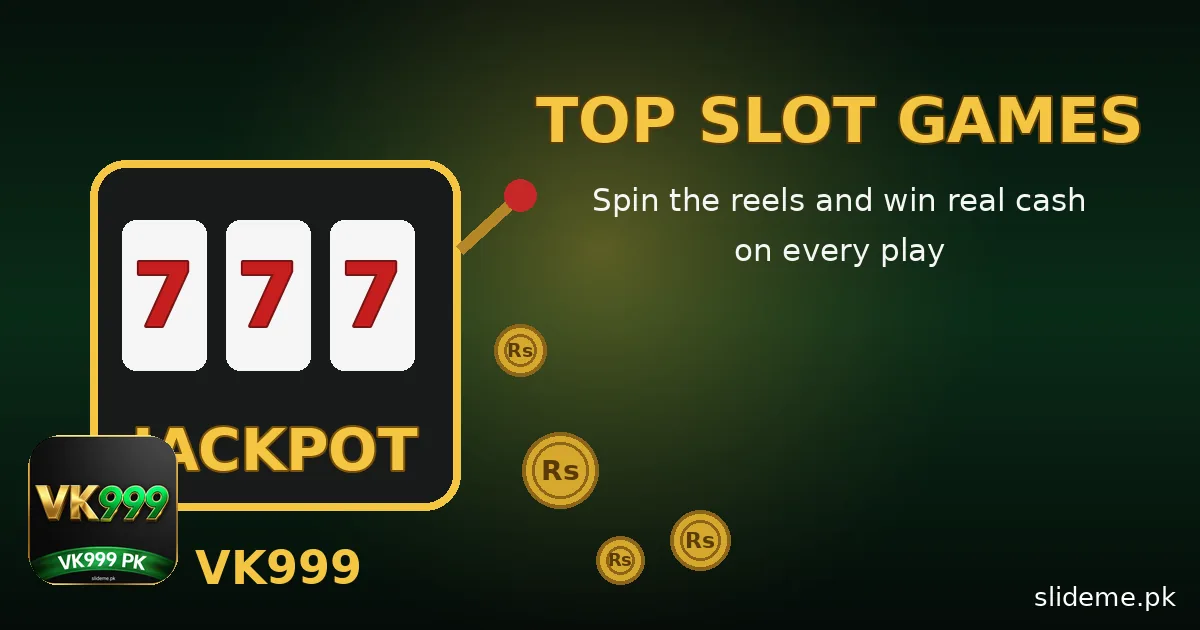 VK999 Game slots banner with a 7-7-7 jackpot slot machine and gold coins