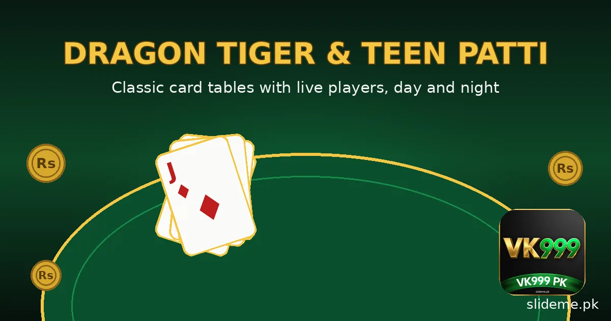 VK999 Game card games banner with Dragon Tiger and Teen Patti playing cards on a green table