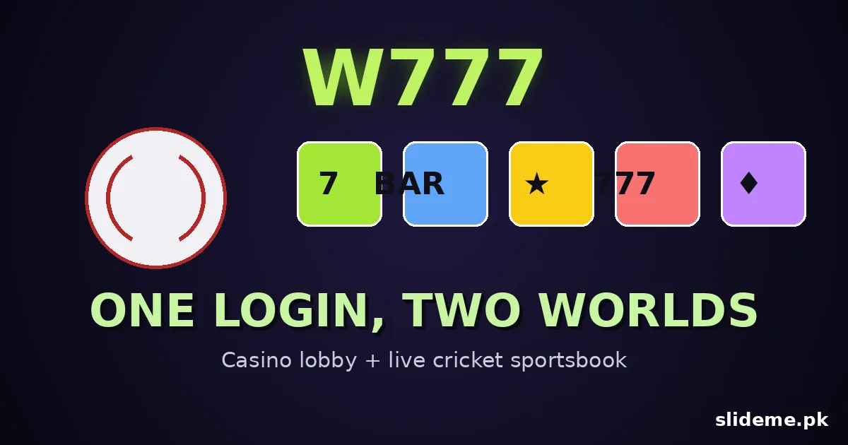 W777Bet casino and sportsbook login art with neon green W777 branding