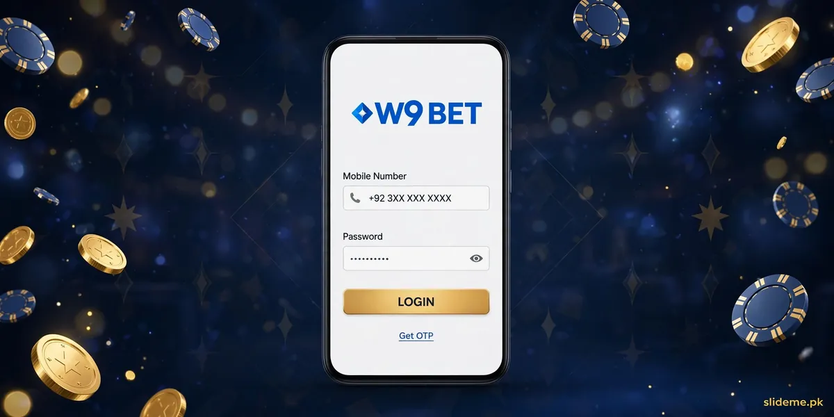 W9 Bet login screen on a phone — mobile number and password fields with a gold login button