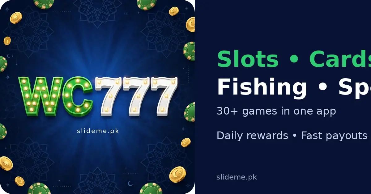 WC777 games banner — slots, Teen Patti cards, fishing games and Ludo on the WC777 app