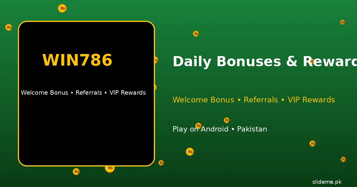 Win786 Game bonus banner — Rs 600 referral rewards, download bonus and VIP club gifts