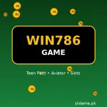 Win786 Game featured graphic — green and gold Win786 logo with Teen Patti cards, Aviator plane and gold coins, slideme.pk