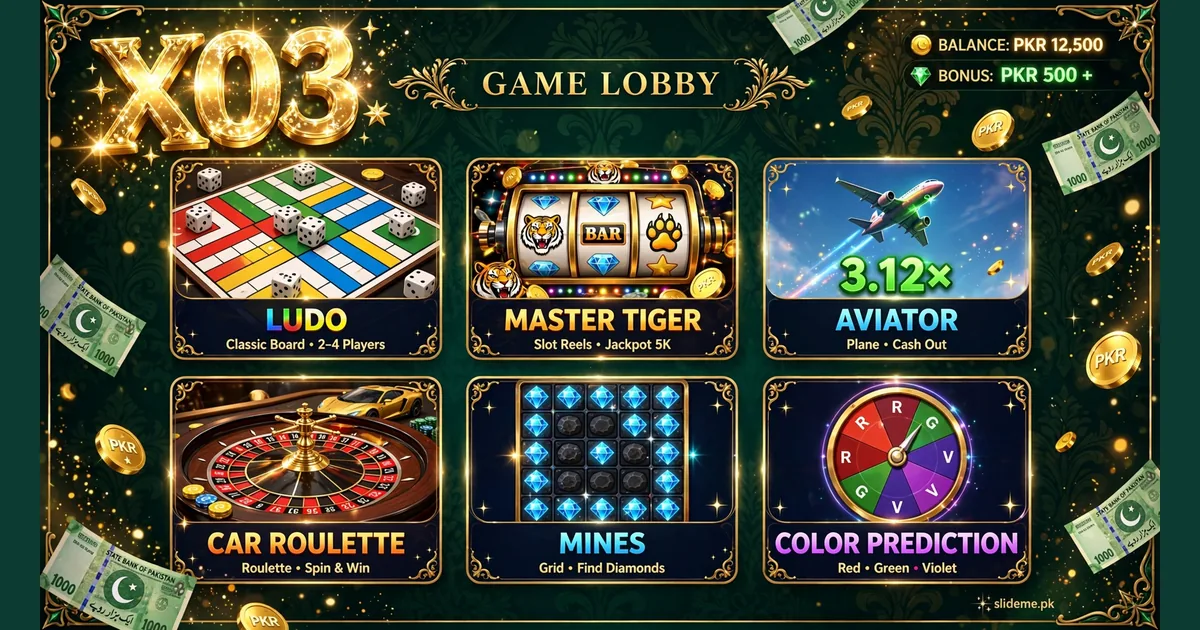 X03 game lobby showing Ludo, Master Tiger, Aviator, car roulette, mines and color prediction game tiles