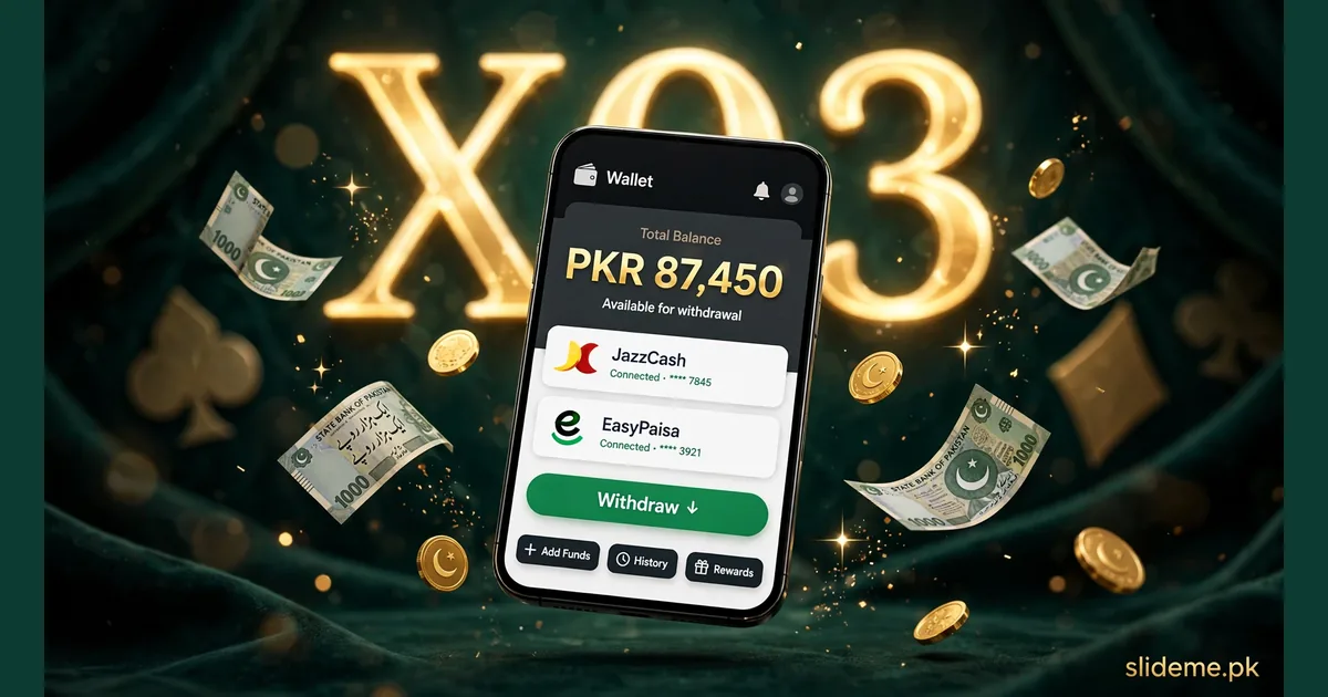 X03 game withdrawal screen with JazzCash and EasyPaisa wallet options and PKR balance