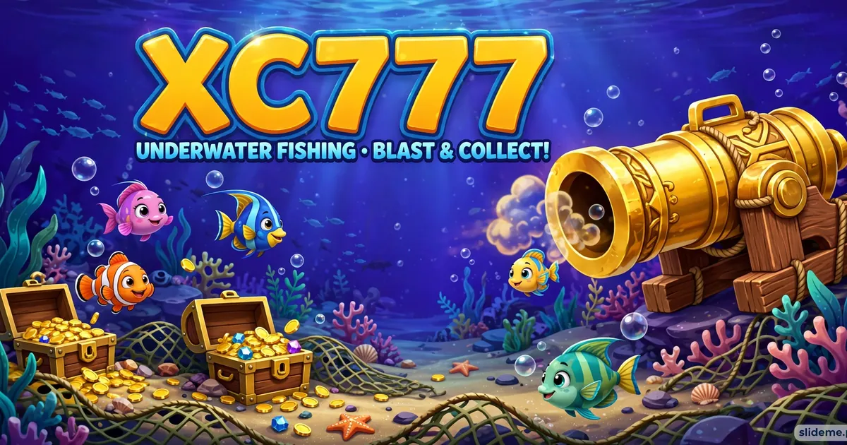 XC777 Game fishing banner with colorful fish, golden cannon and treasure chests underwater
