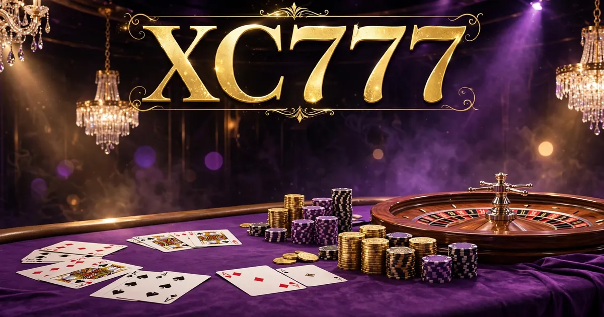 XC777 Game live casino banner with purple velvet table, cards, chips and roulette wheel