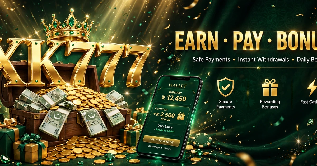 XK777 Game earn-and-bonus banner — treasure chest, gold coins, Pakistani rupee notes and mobile wallet