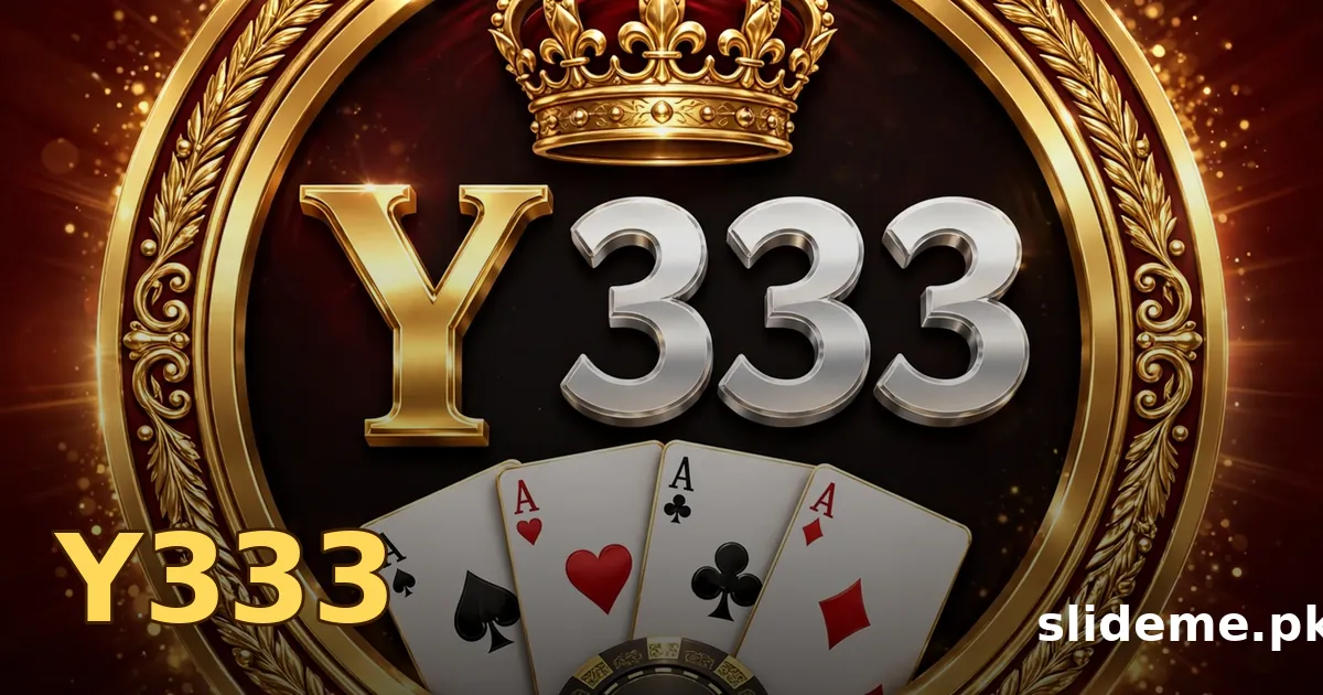 Y333 Game casino banner with golden crown, slot machines and raining gold coins on maroon background
