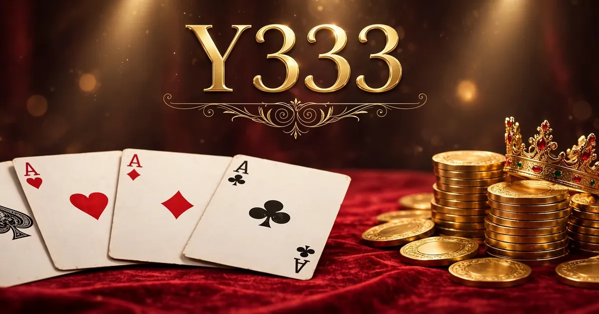 Y333 Game card table banner with four aces, gold poker chips and crown on red velvet table