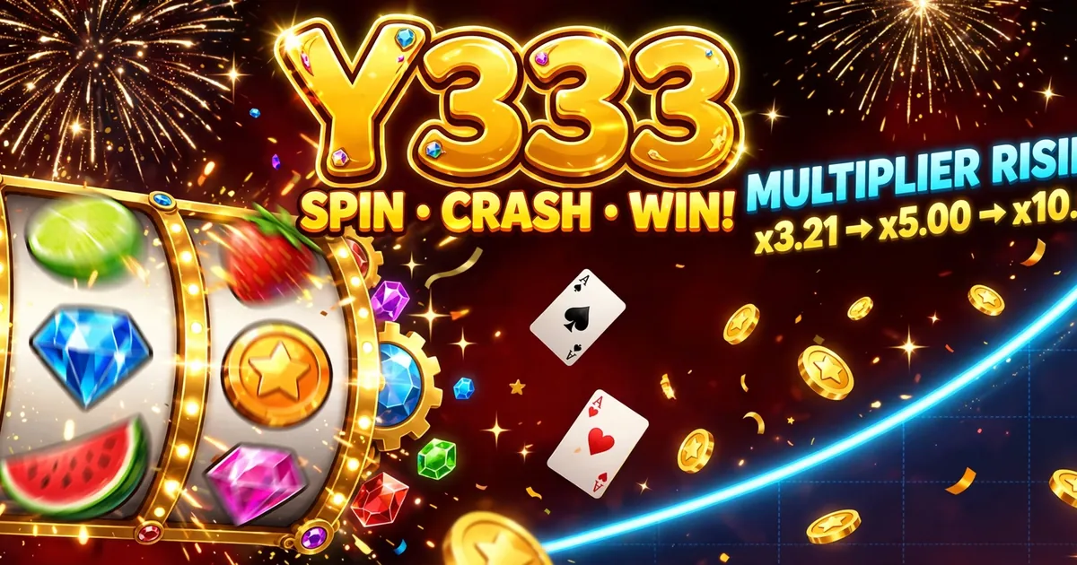Y333 Game slots and crash banner with spinning reels, rising multiplier and gold coins