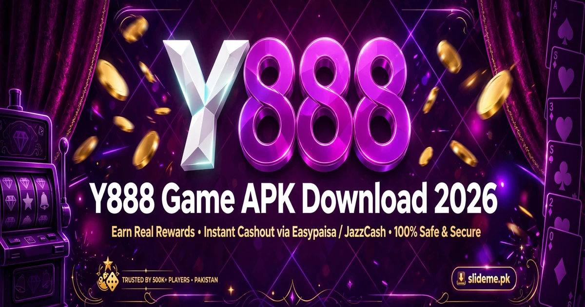 Y888 Game APK download 2026 banner with slot machine, gold coins and playing cards