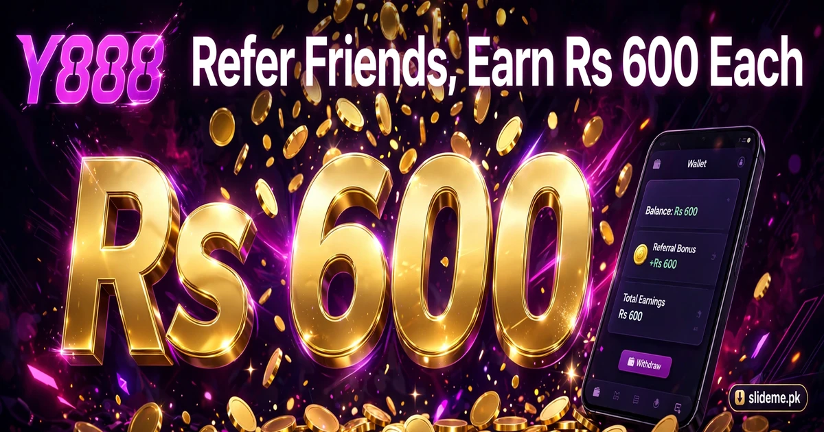 Y888 Game Rs 600 referral bonus banner with gold coins and wallet screen