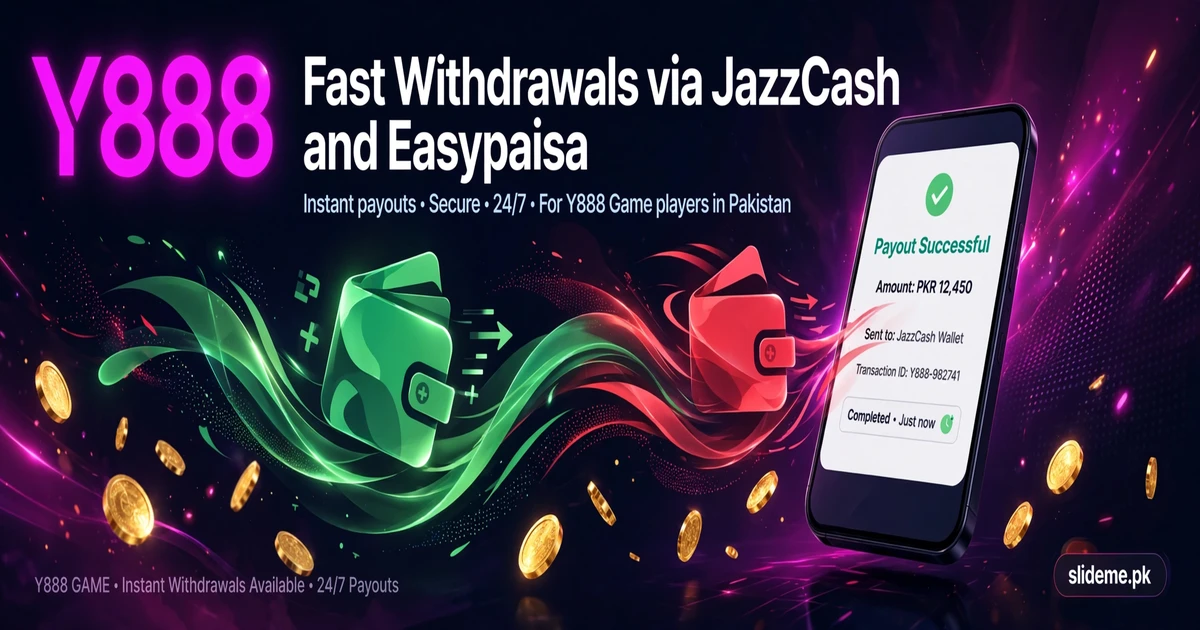 Y888 Game fast withdrawals banner for JazzCash and Easypaisa payouts in Pakistan