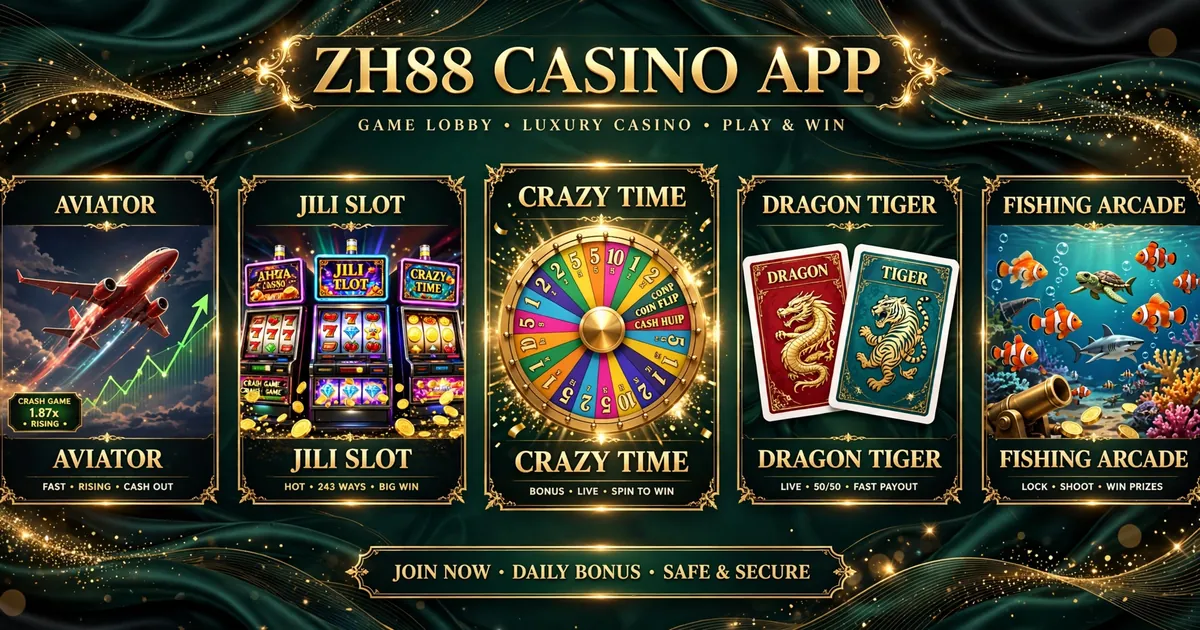ZH88 slots, Aviator and Crazy Time game lobby