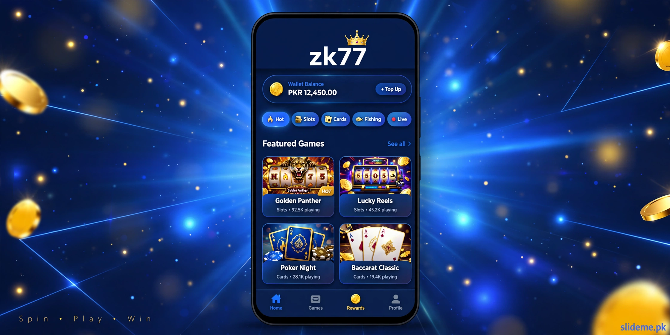 ZK77 Game lobby preview — navy casino lobby with category pills