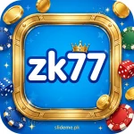ZK77 Game app icon — white zk77 wordmark with gold crown on casino blue